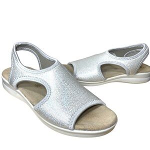Polyflex Italy Comfort Sandals Silver Metallic Sz 39 Upper Stretch Fabric Sling